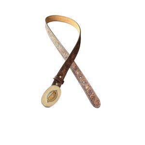 Tooled Leather Belt Ornate Brass Agate Stone Buckle Accent Western PNK BLUZ